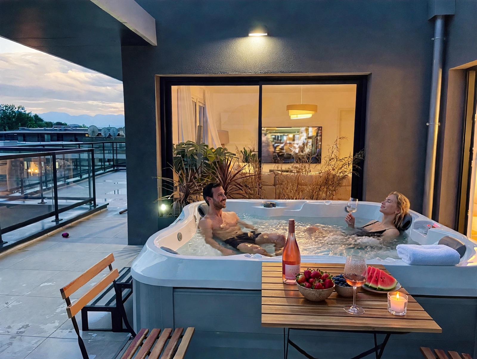 Jacuzzi sur la terrasse de L'Orée du Lac au crépuscule, vue sur le lac du Bourget et les Alpes